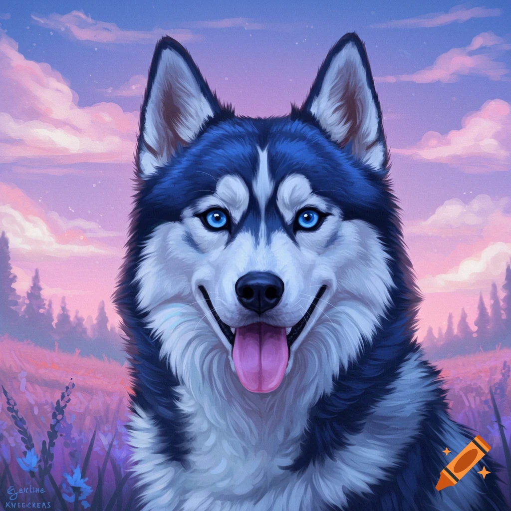 A husky dog stands in a field at sunset.