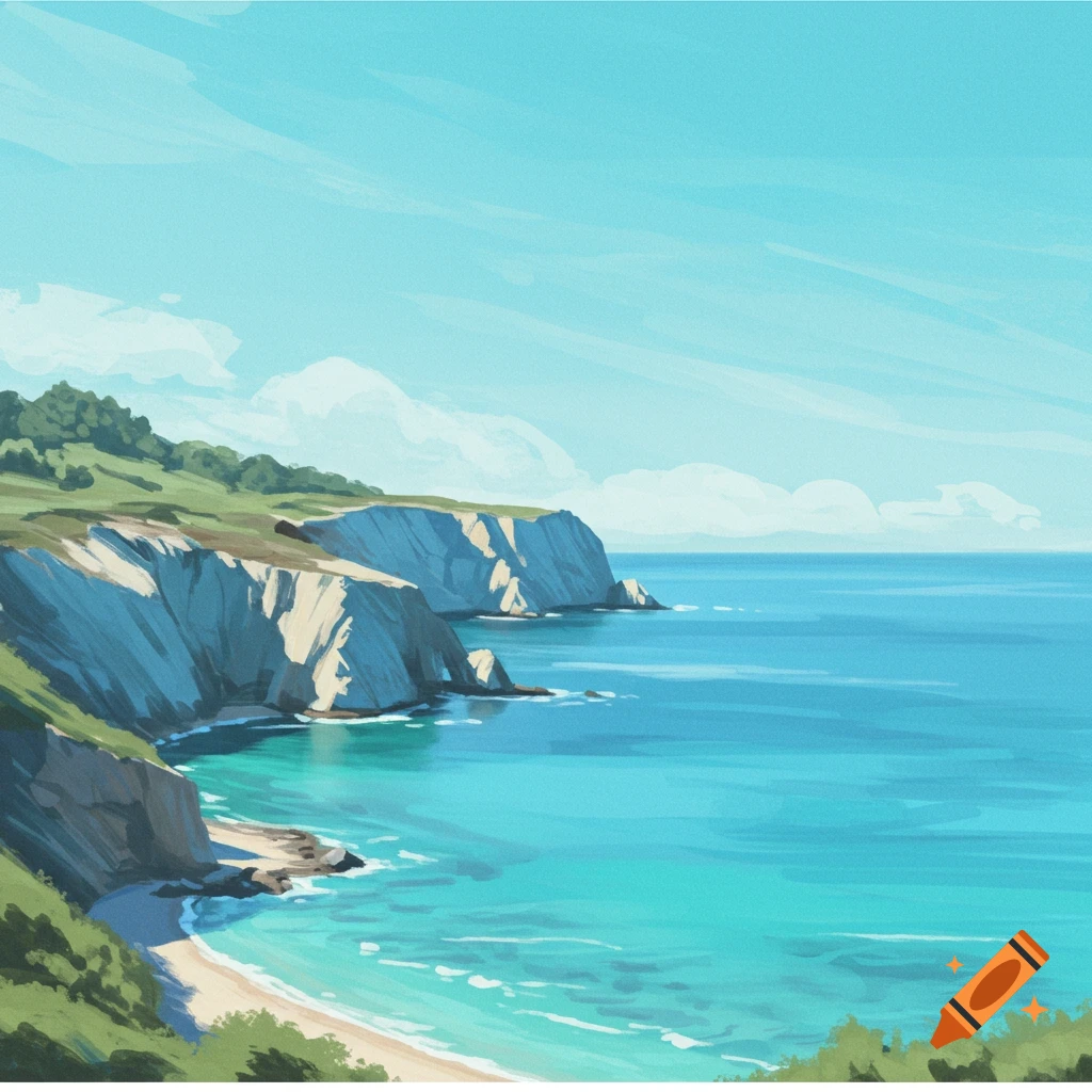 Cliffs overlooking a turquoise sea and sandy beach.