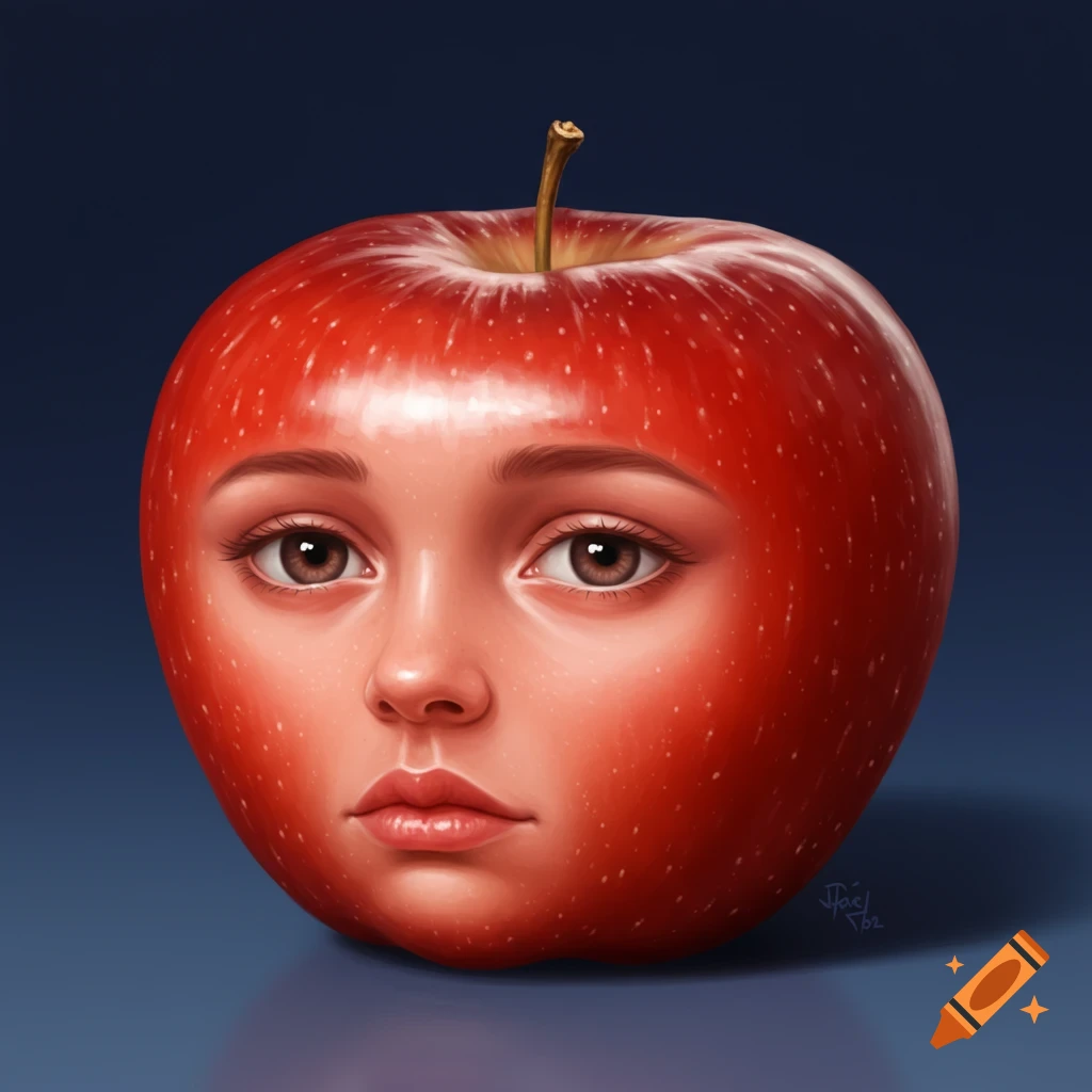 A red apple with a human face on it.
