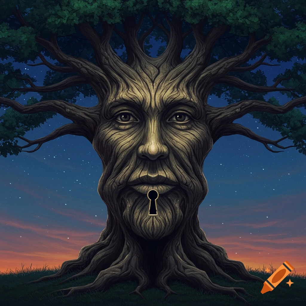 A tree trunk with a human face and a keyhole mouth.