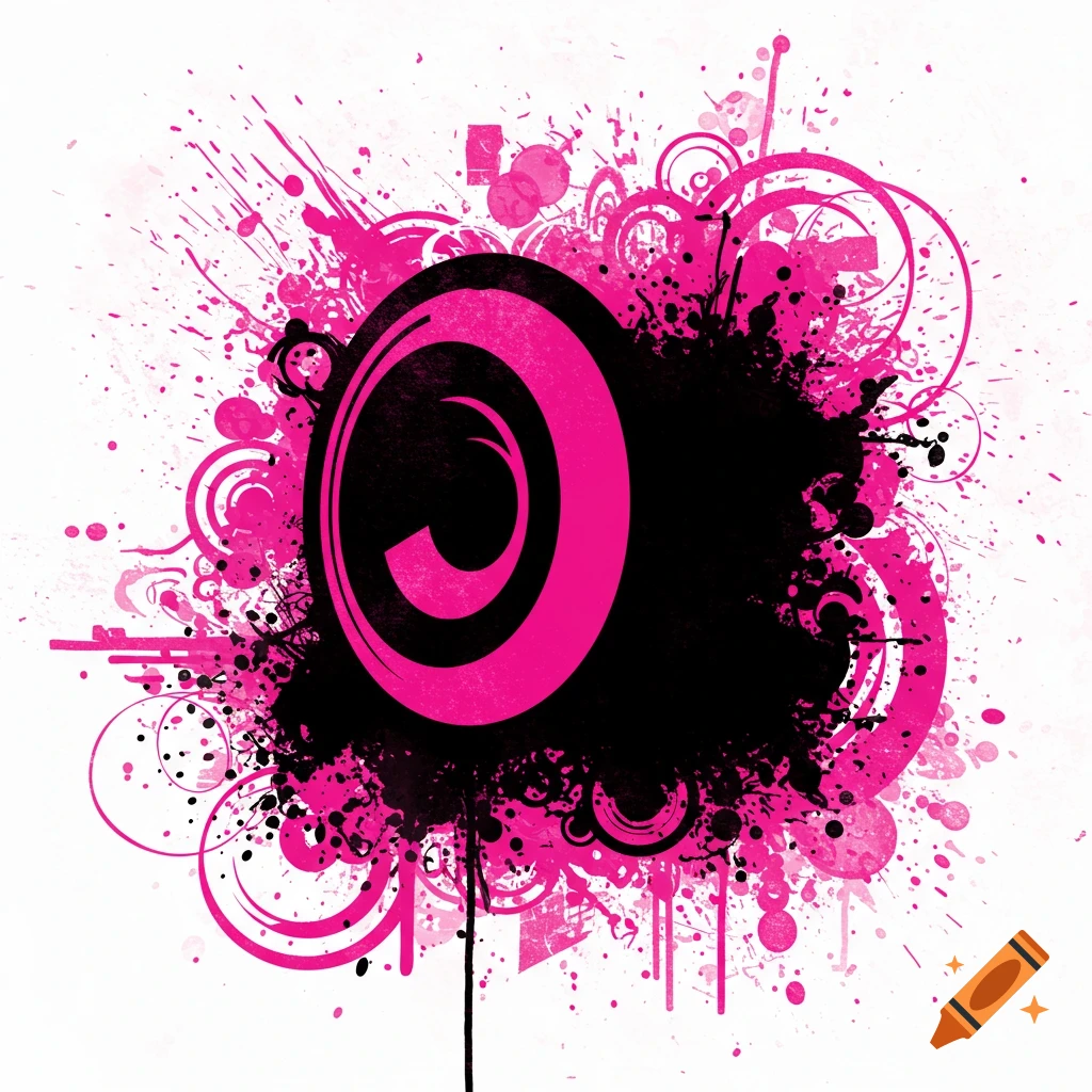 Black speaker silhouette on a chaotic background of pink and black grunge splatters and circular patterns.