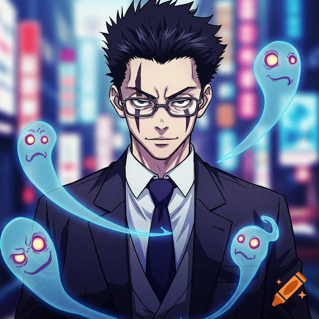 Anime style portrait of a serious man in a suit and glasses, surrounded by glowing blue ghosts in a city background.