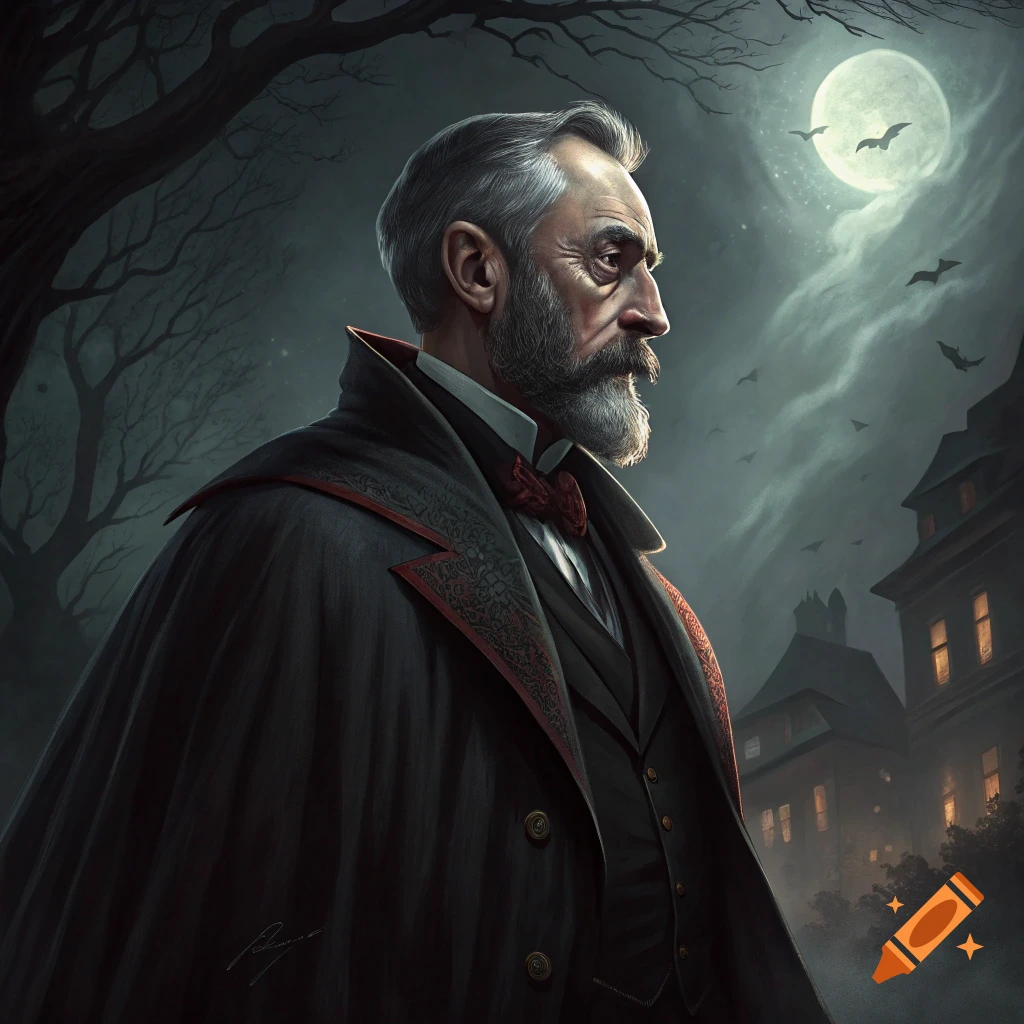 A man with a beard and grey hair wears a dark cape in a gothic setting with a full moon and bats.