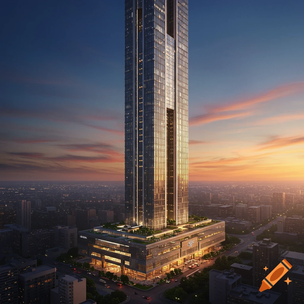 A tall modern skyscraper overlooking a city at sunset.