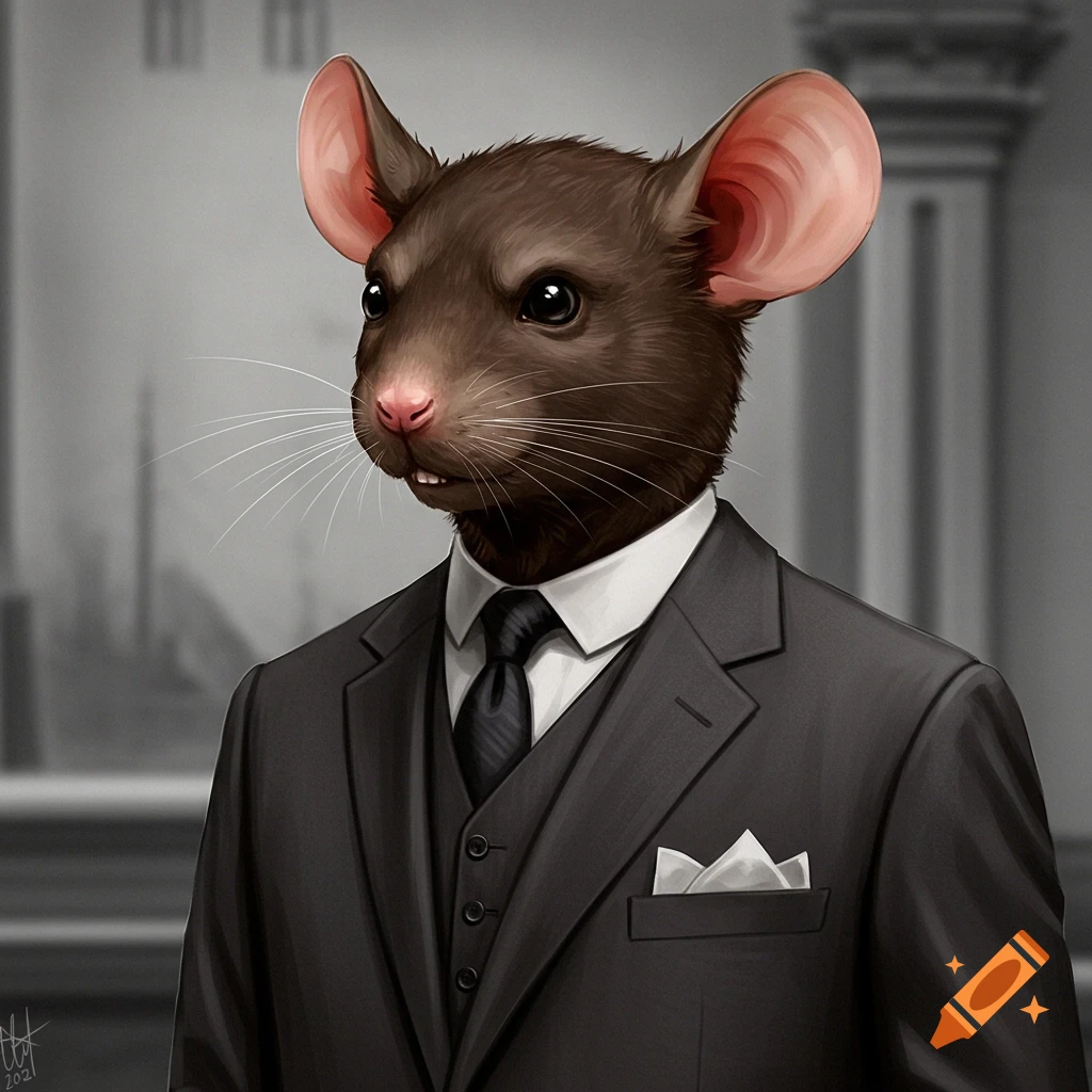 A brown humanoid mouse wearing a black suit and tie, looking serious.