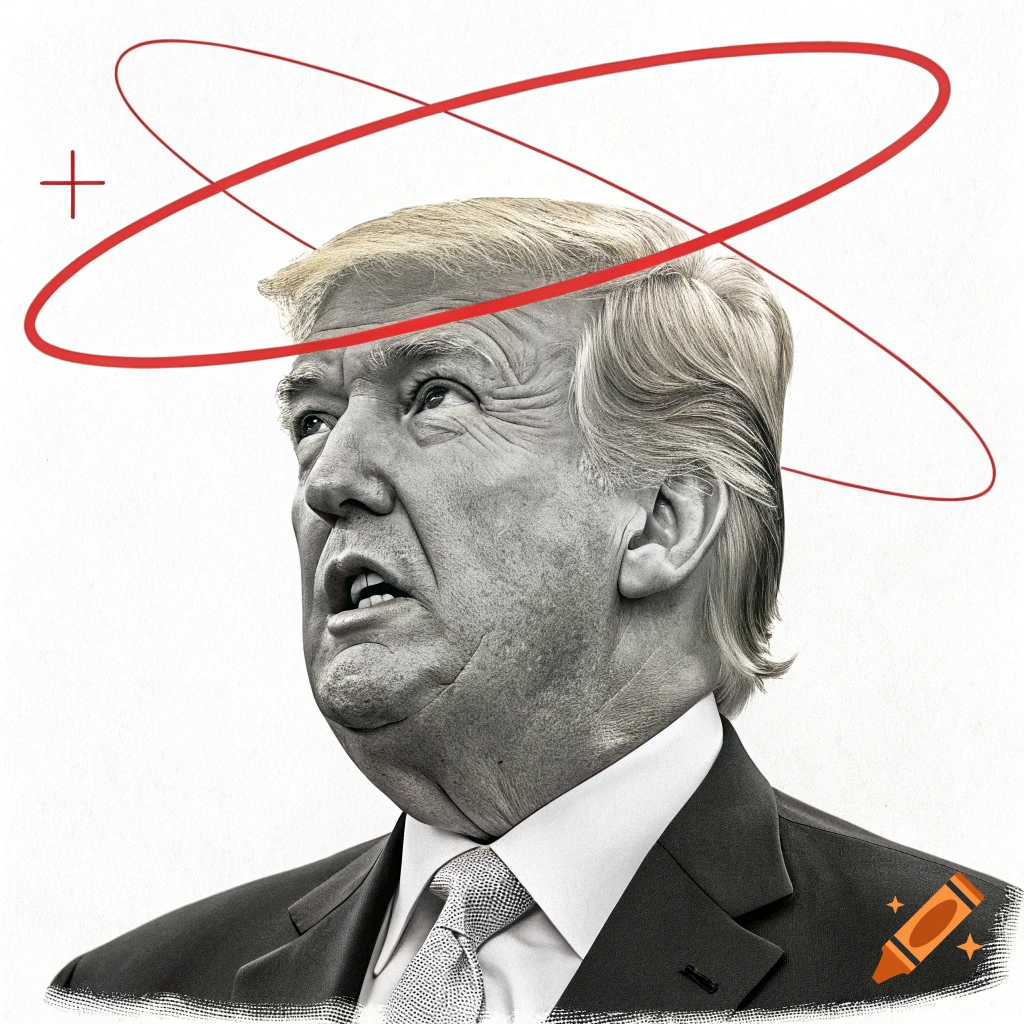 Black and white illustration of Donald Trump with a distressed look, with red graphic symbols around his head.