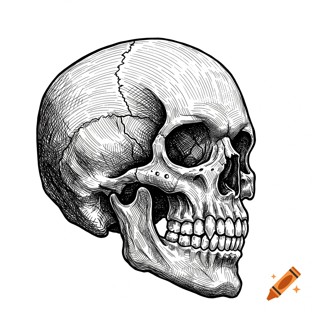 A black and white line drawing of a skull turned to the side.