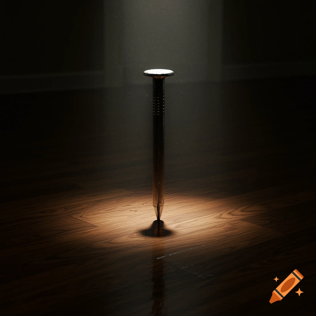 A single nail stands upright on a dark, polished wooden floor under a dramatic spotlight in a surrealist style.