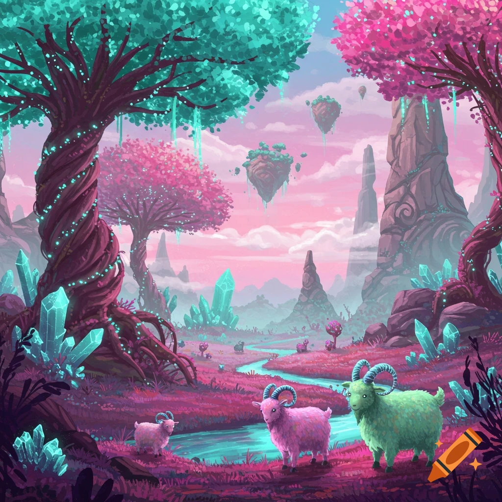 A vibrant fantasy landscape with pink and green goats, glowing crystals, floating islands, and colorful trees.