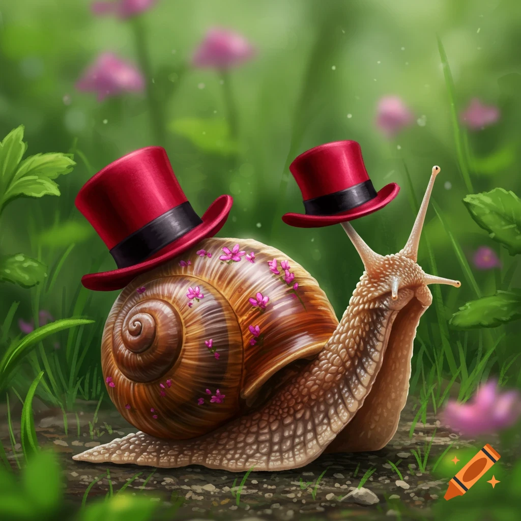 A snail wearing two red top hats in a garden.