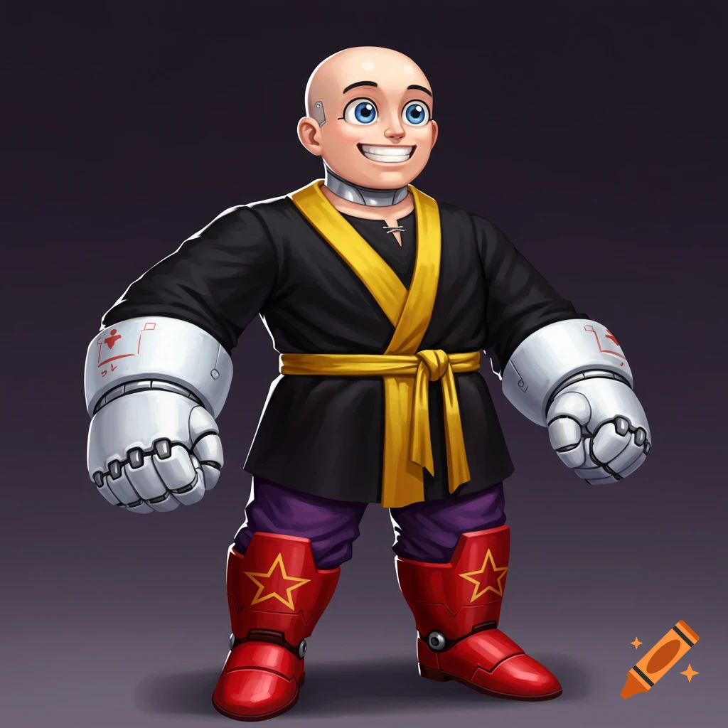 A cartoon-style image of a bald character with large blue eyes, wearing a black robe with a yellow belt, large white robotic gloves, purple pants, and red boots with stars.