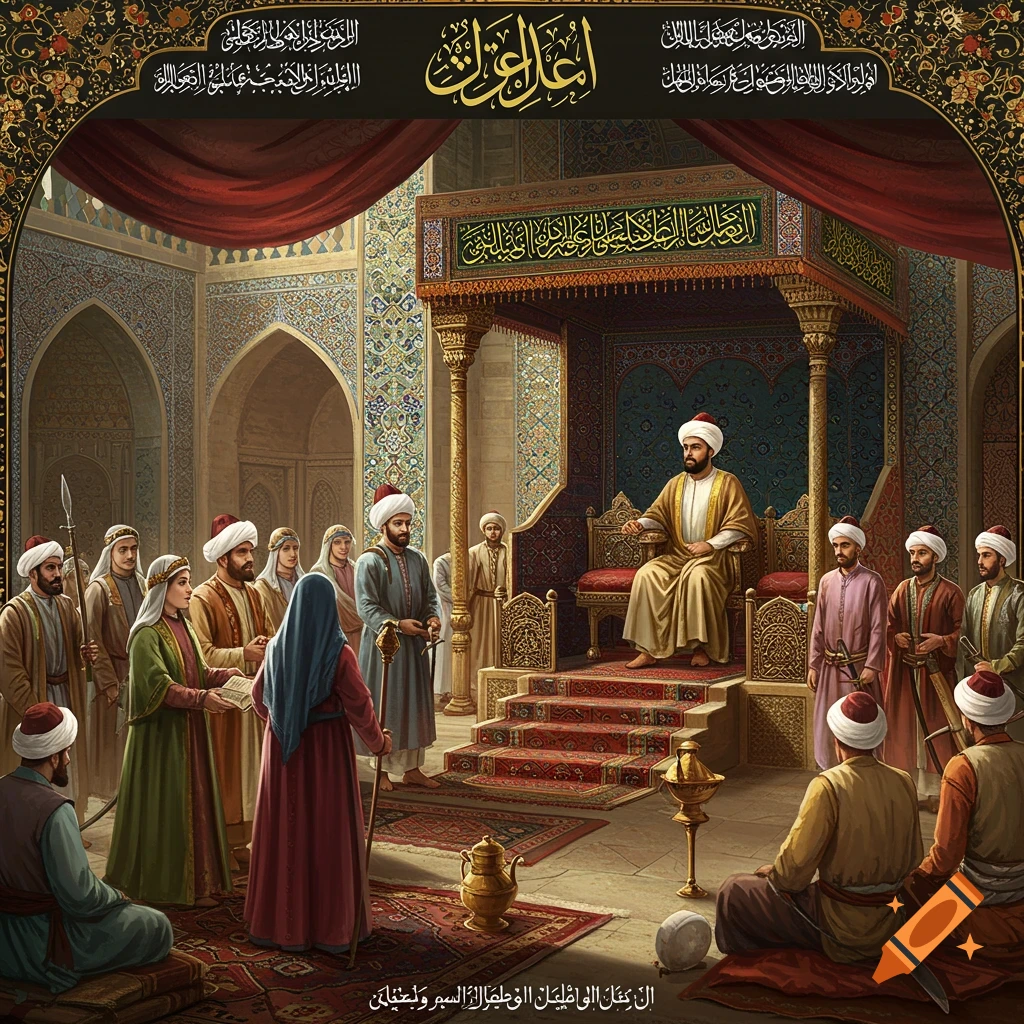 A historical court scene with a ruler on a throne and people before him in an ornate hall.