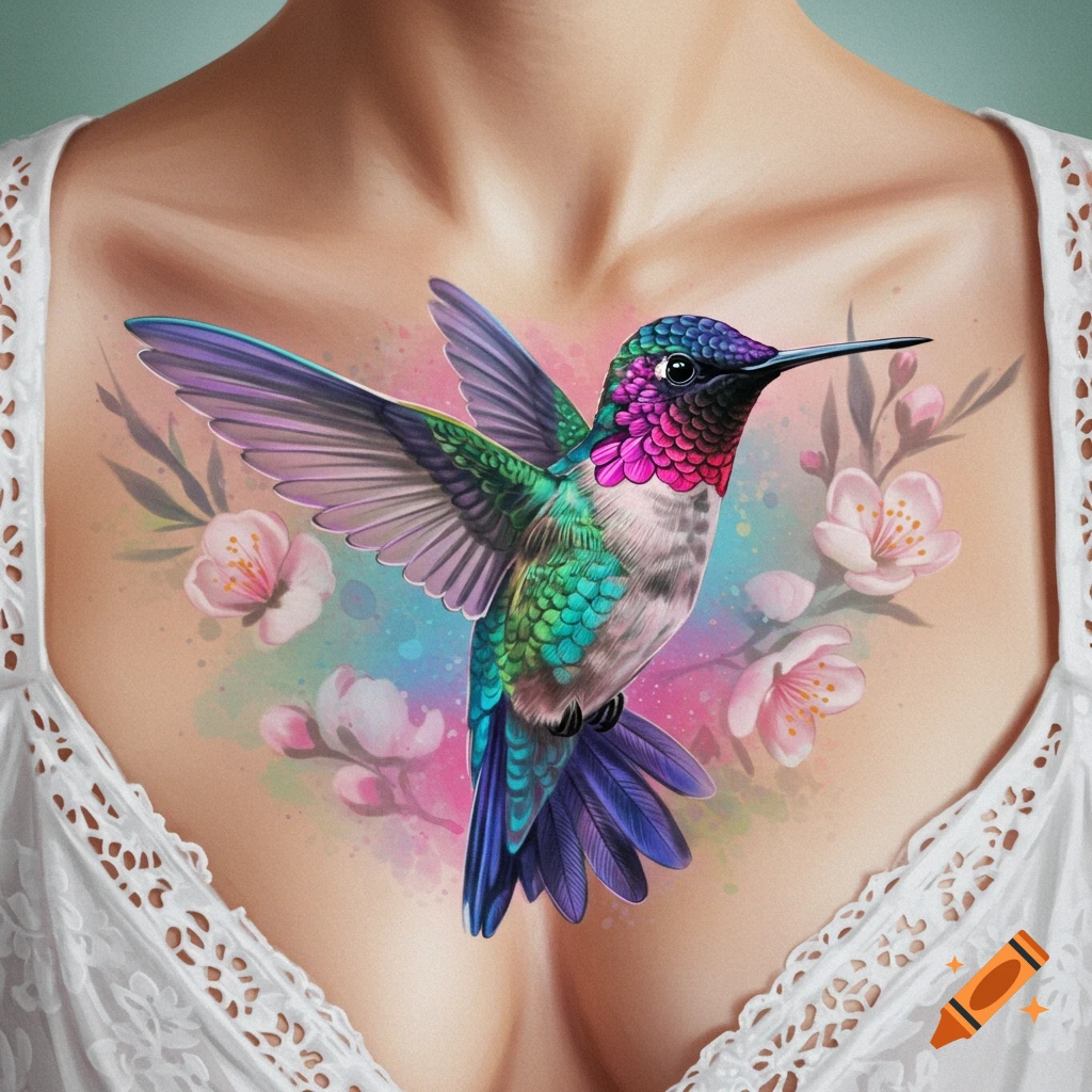 A colorful hummingbird tattoo with flowers on a woman's chest.