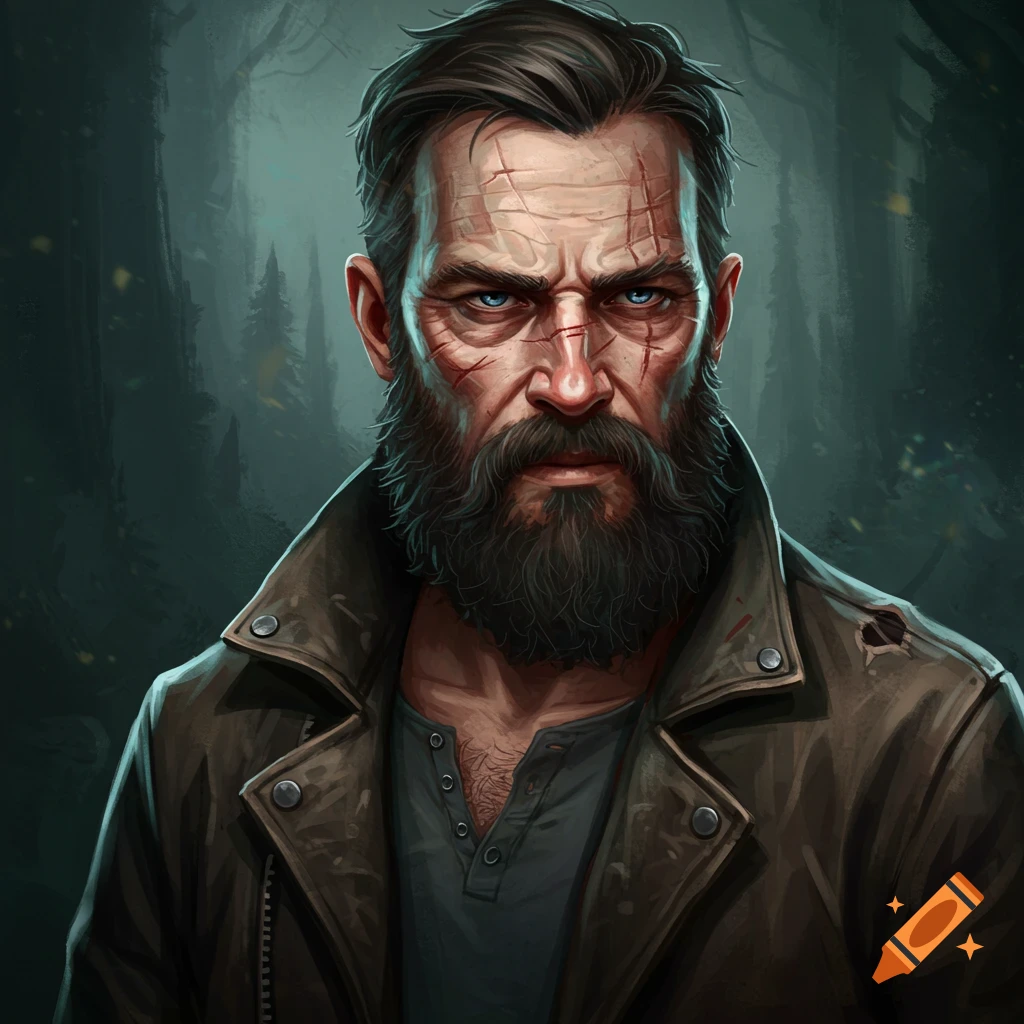 Portrait of a man with scars and a beard in a forest.