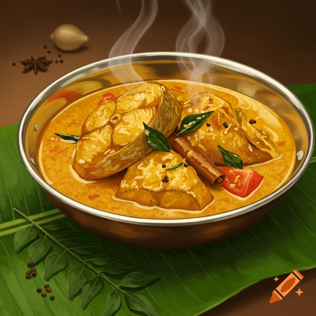 A bowl of fish curry with spices and banana leaves.