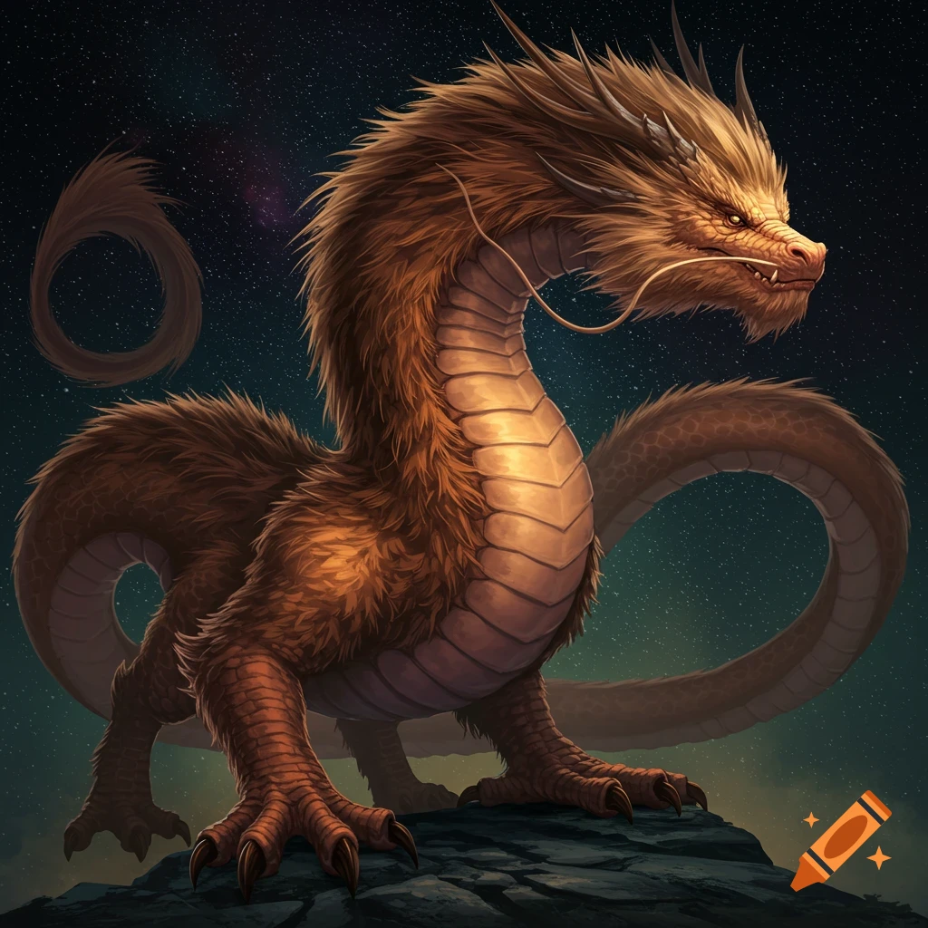 A brown furry dragon with scales stands on a rock under a starry sky.