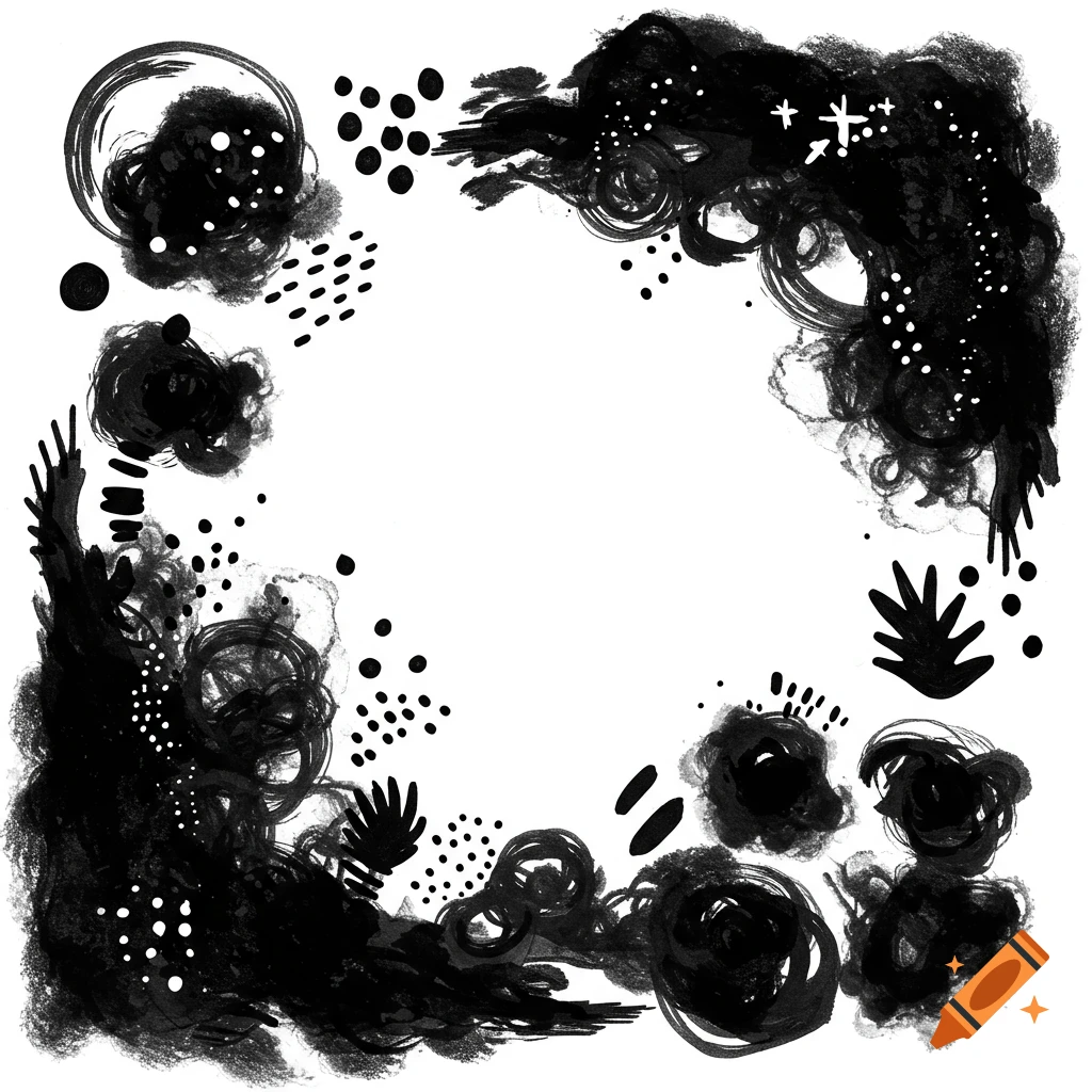 Abstract black ink strokes, dots, and shapes form a decorative border on a white background.