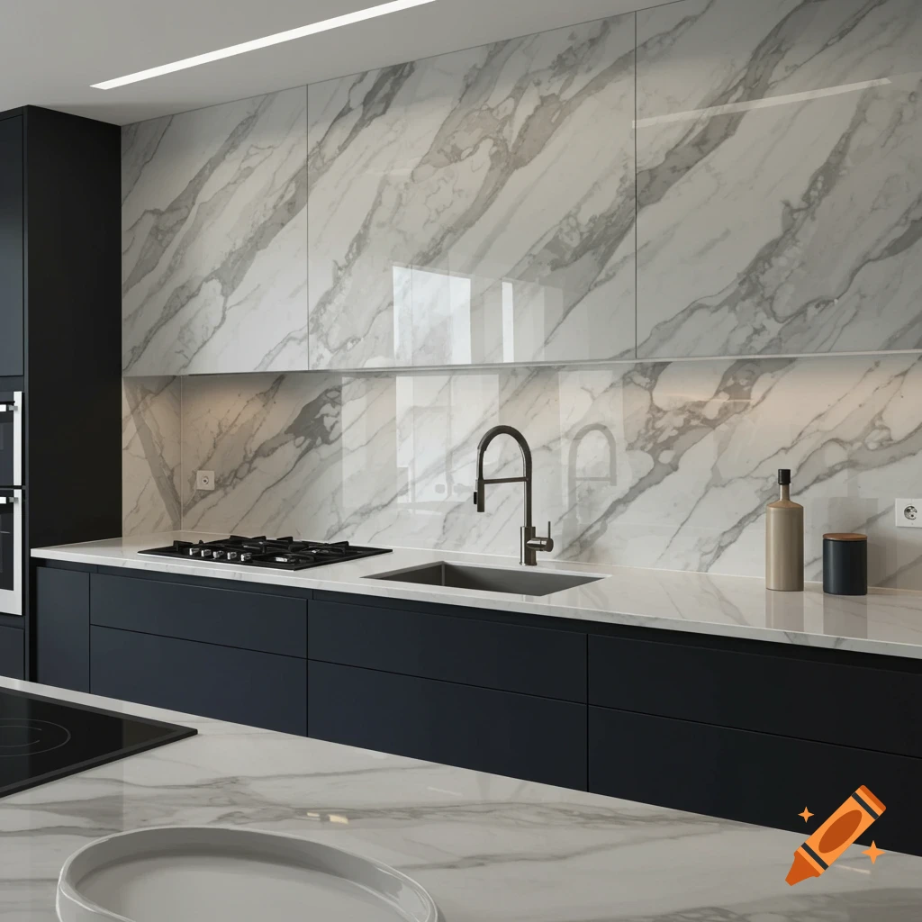 A modern kitchen with black cabinets and white marble countertops and backsplash.
