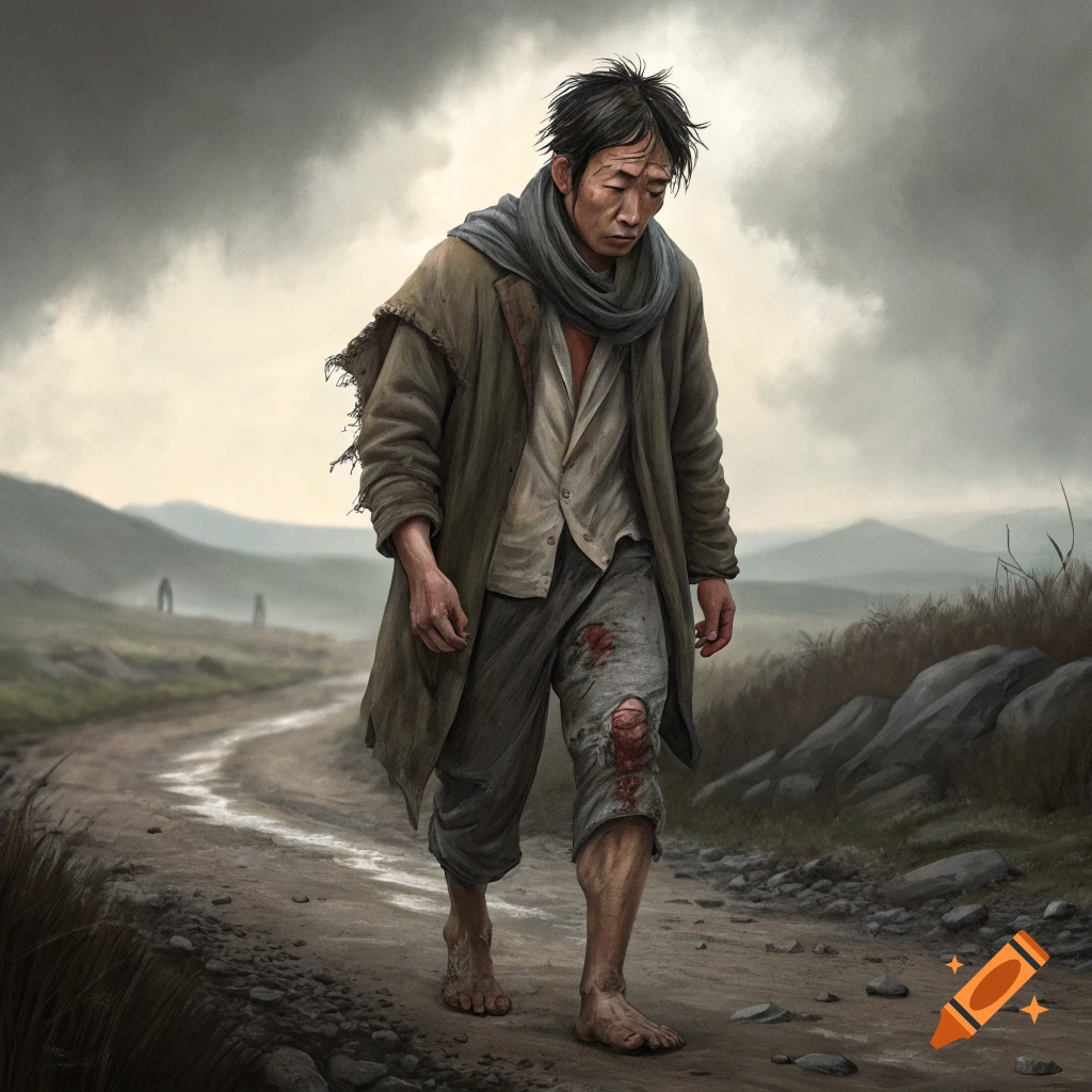 A disheveled man with a bleeding knee walks barefoot down a dirt road under a cloudy sky.