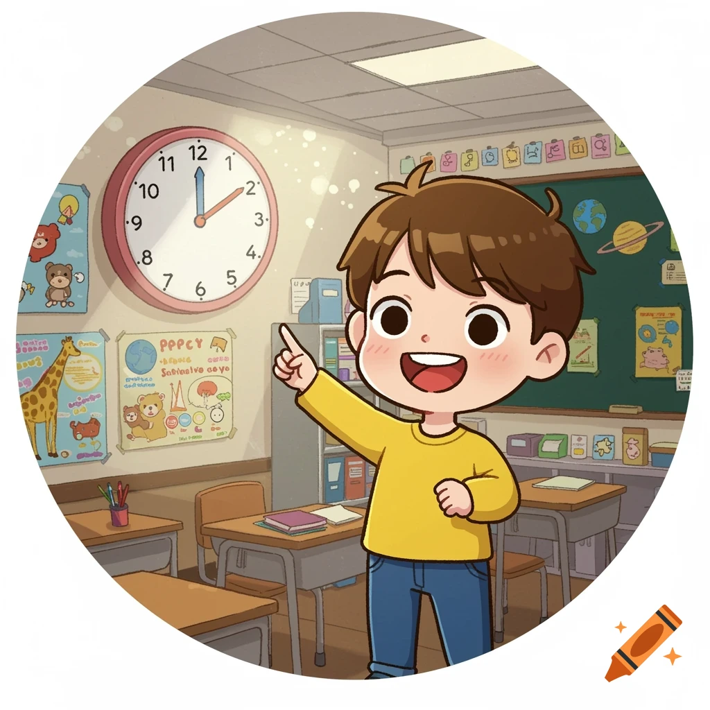 Cartoon boy pointing at a clock in a classroom with colorful posters