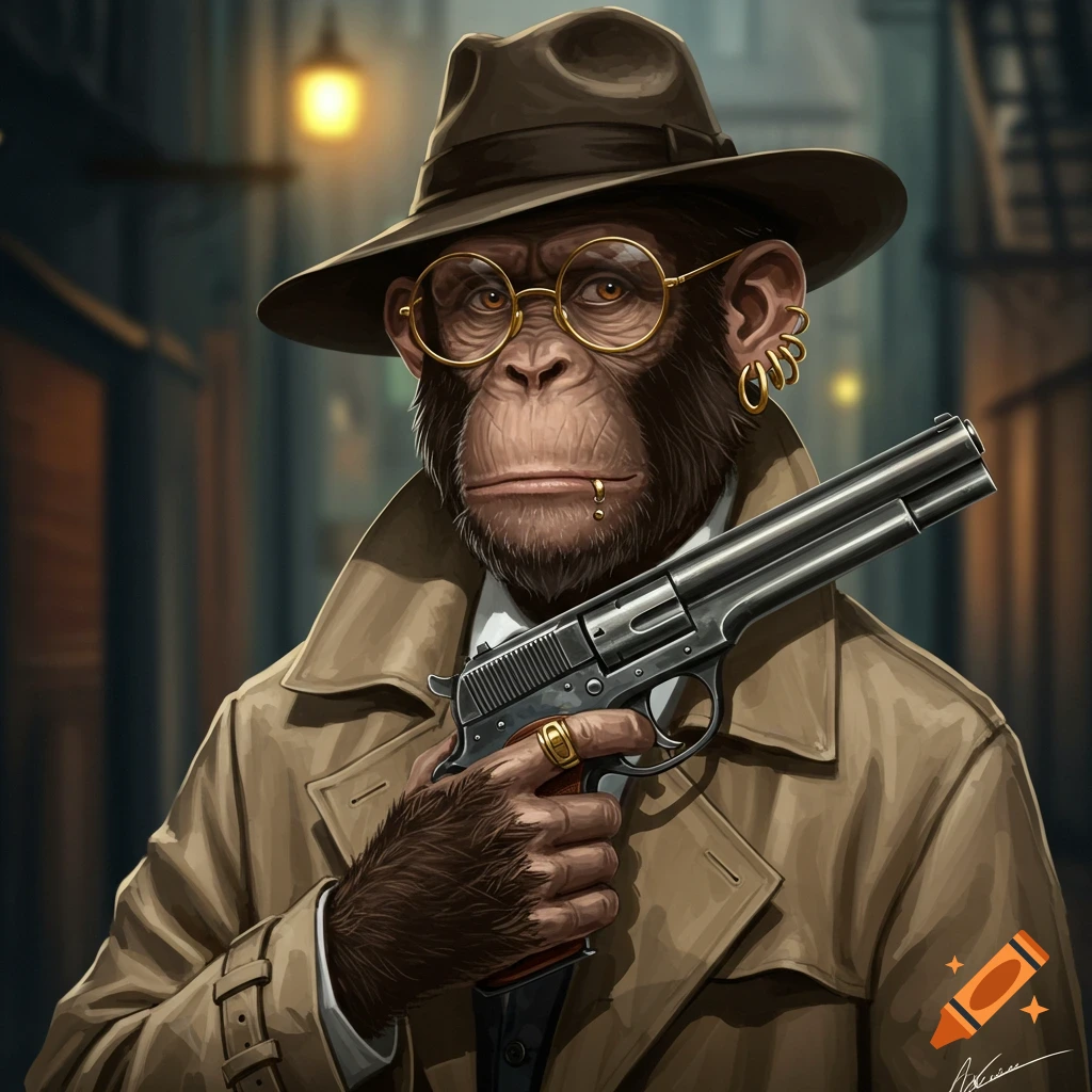 A chimpanzee detective in a hat and trench coat, wearing glasses and holding a revolver.