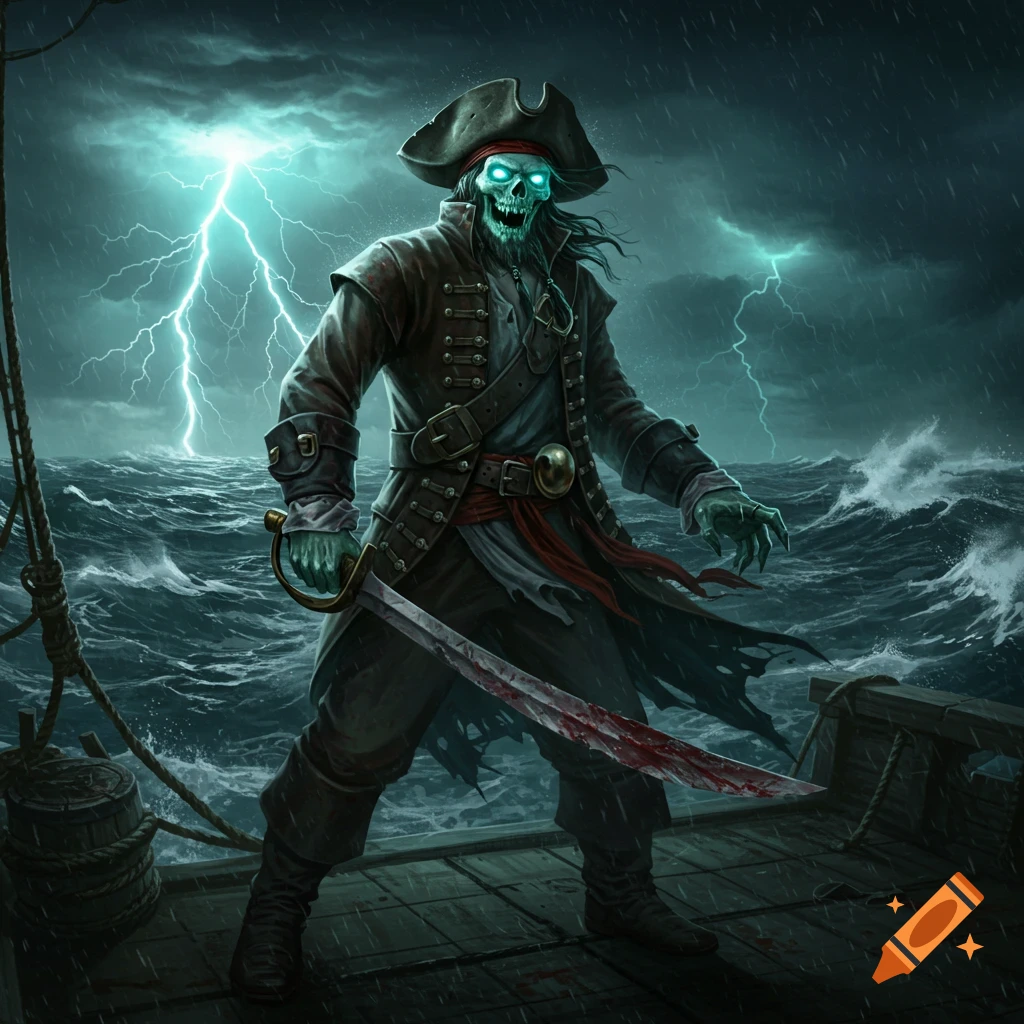 A skeletal ghost pirate stands on a ship deck in a stormy sea, holding a bloody sword.