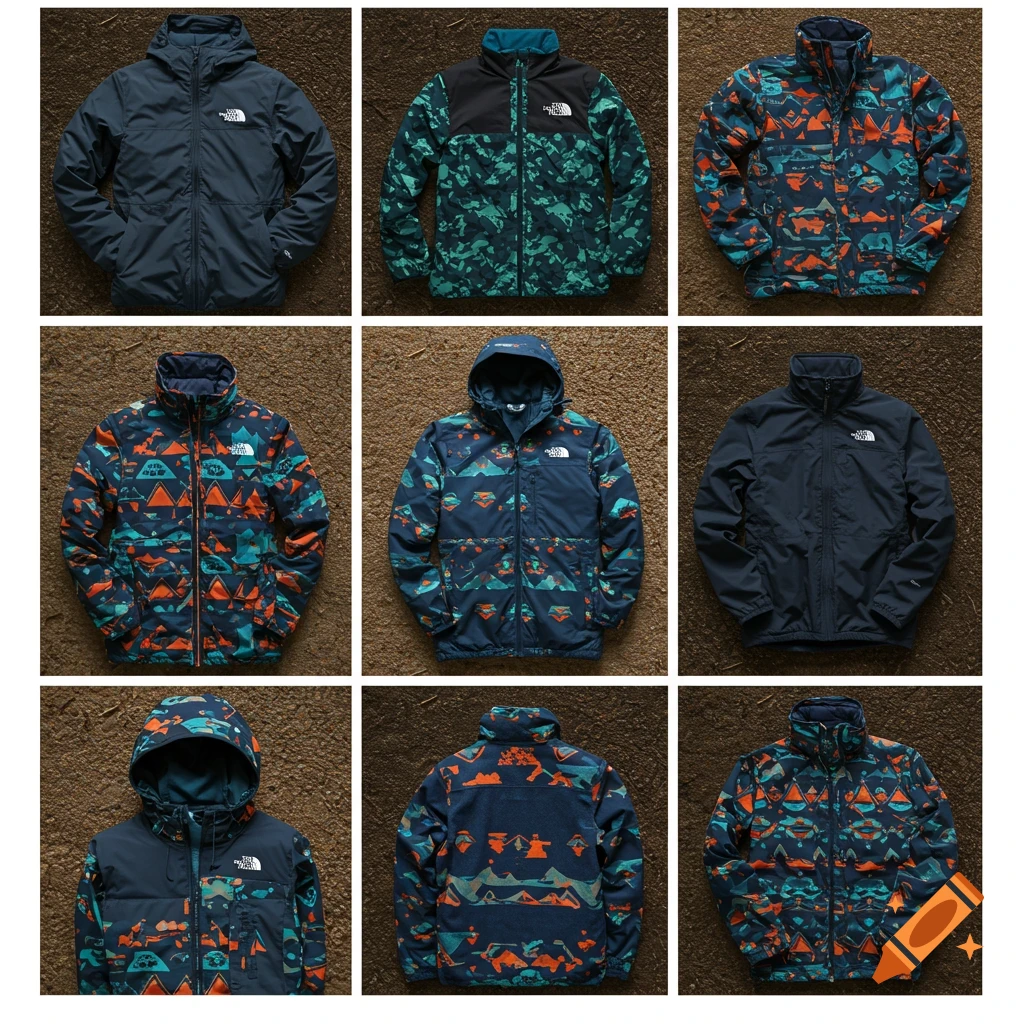 Grid of nine jackets, some navy, some with colorful geometric prints.