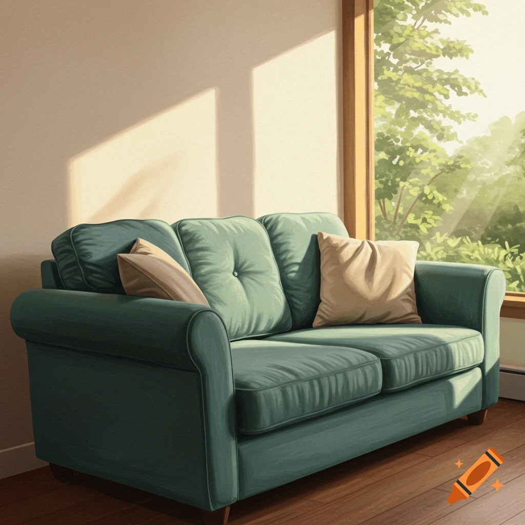 A teal blue couch with two pillows sits in a room with sunlight streaming from a window.