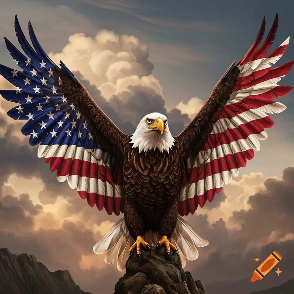 Bald eagle perched on a rock with American flag-patterned wings, against a cloudy sky.