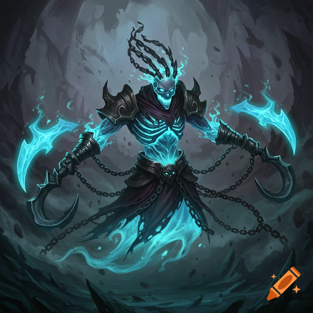 A skeletal figure with blue glowing energy, chains, and hook weapons.