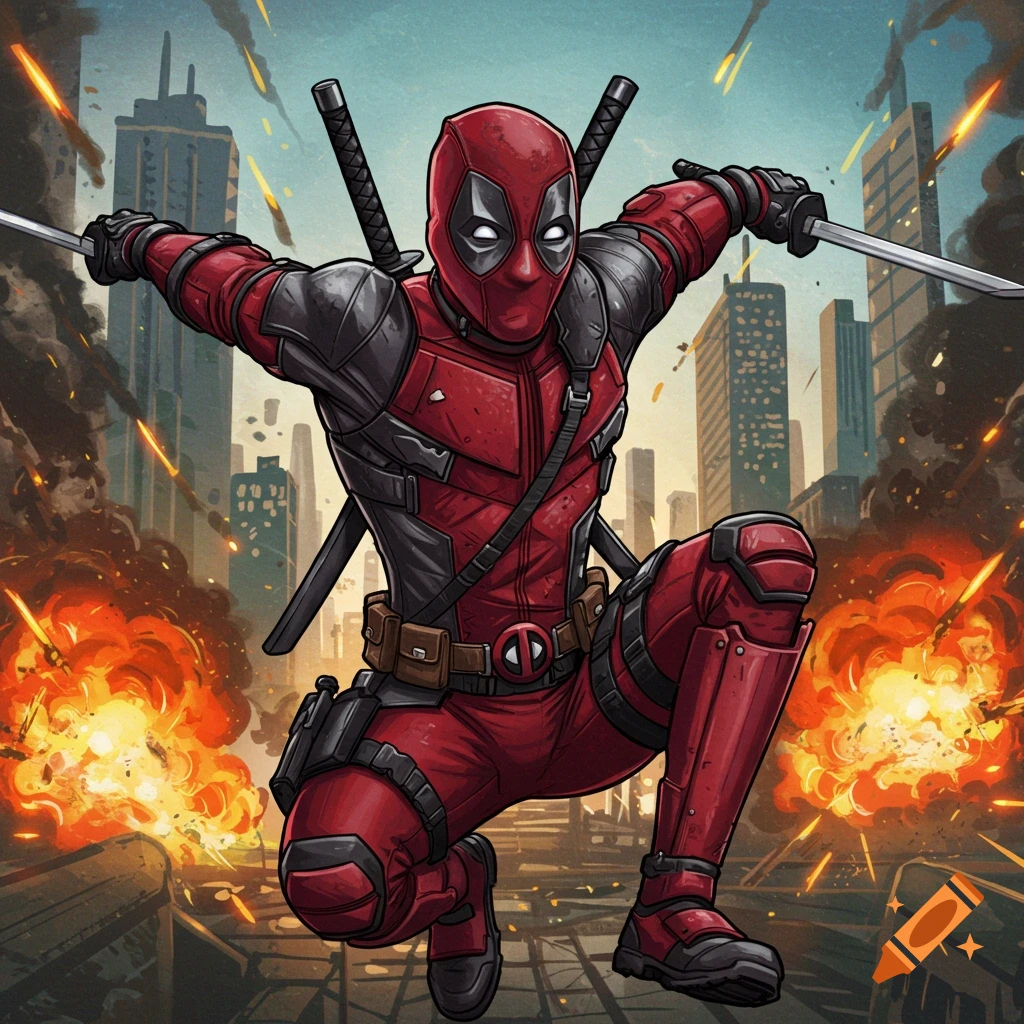 Deadpool in a dynamic crouched pose with swords, explosions, and a city skyline background.