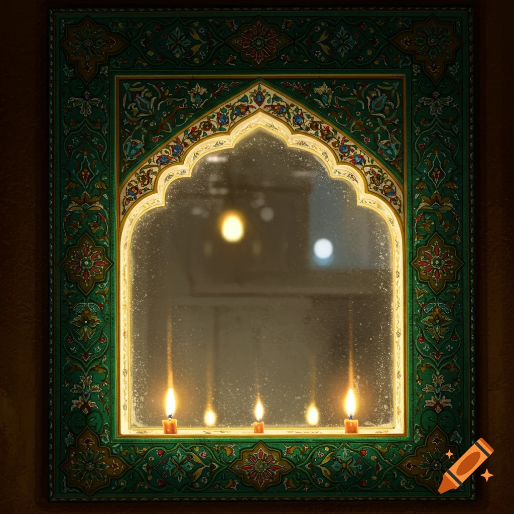 An ornate Iranian-style mirror with intricate green and gold patterns, reflecting candle flames.