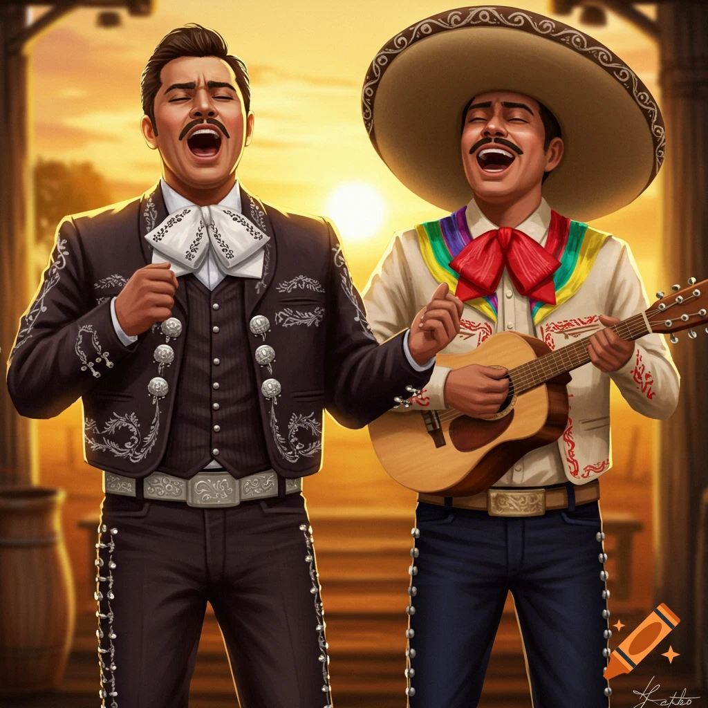 Two men in traditional Mexican attire singing and playing guitar at sunset.