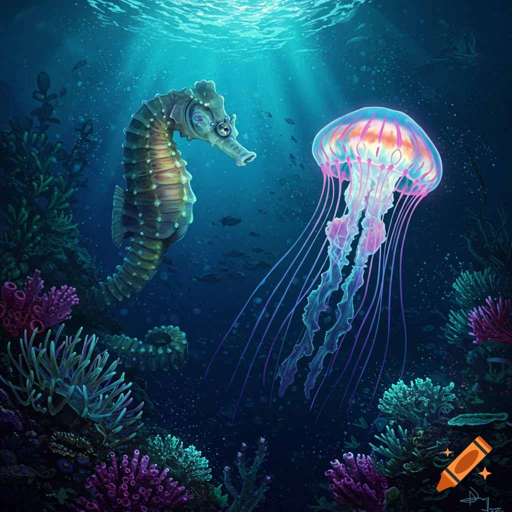 A seahorse wearing goggles is looking at a glowing jellyfish underwater.