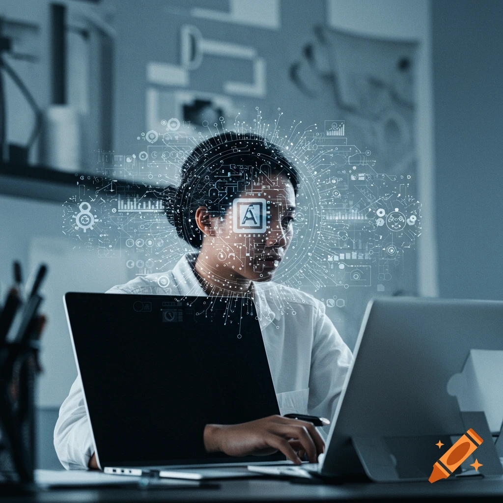 Woman working on laptop with glowing AI interface overlay