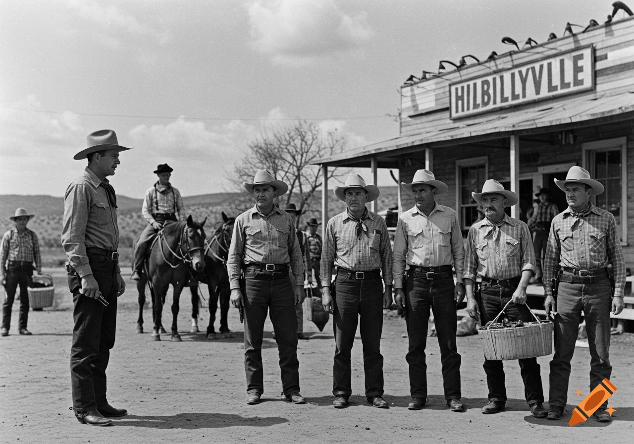 Black and white photo of cowboys and horses standing in front of a building in a Western town.