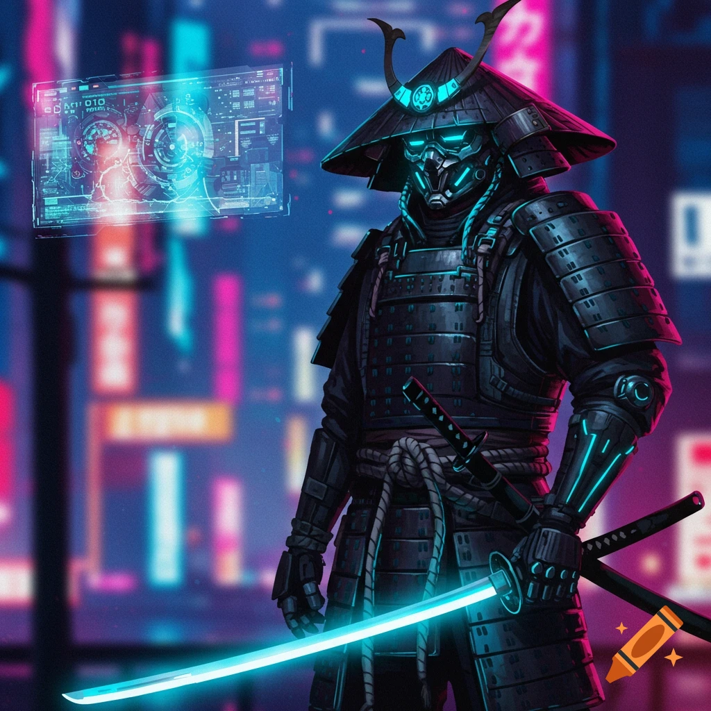 A futuristic samurai in black armor with glowing blue accents, holding a neon katana in a cyberpunk city.