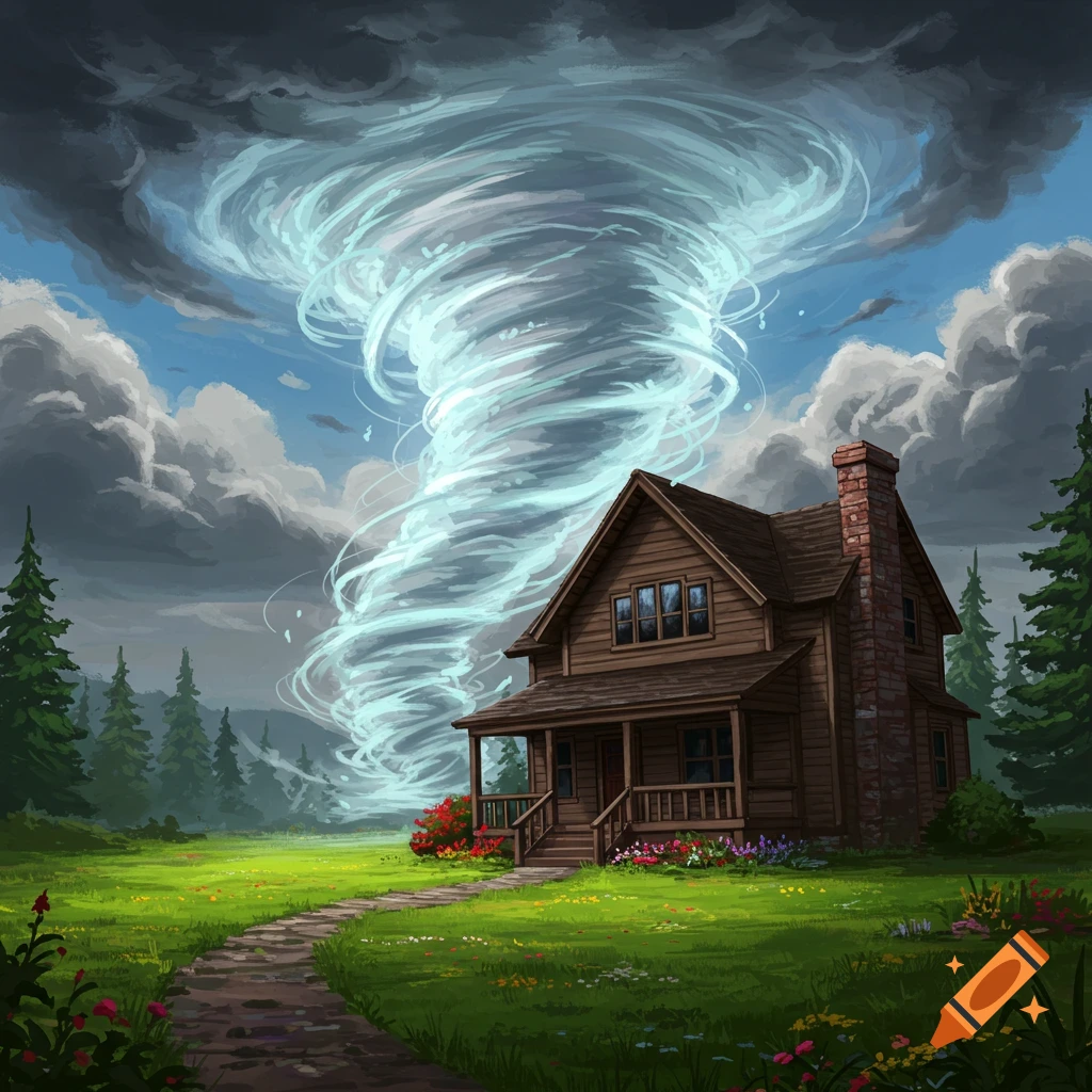 A wooden house in a field with a large, ghostly tornado towering overhead.