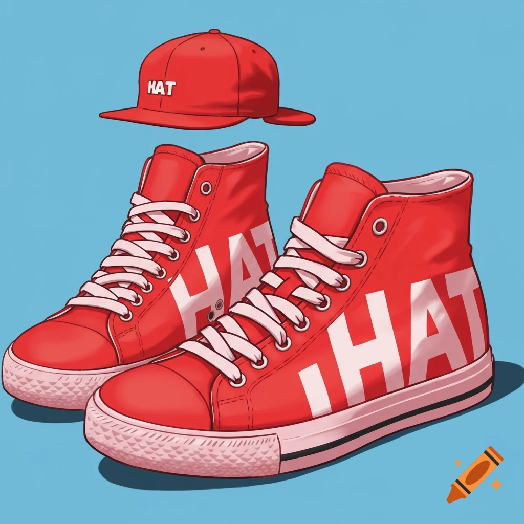 A red baseball cap and red high-top sneakers with 'HAT' text on them, against a blue background, illustration.