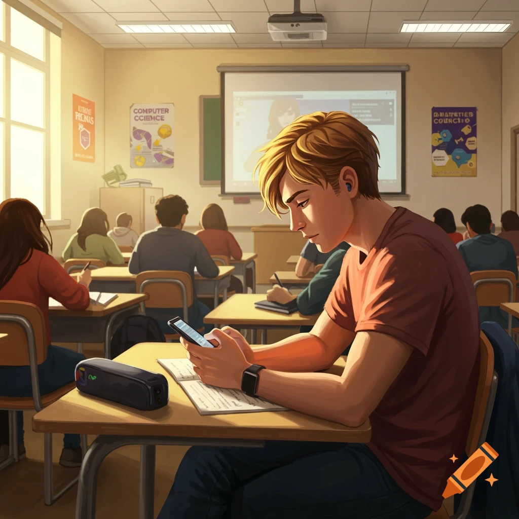 A student on his phone in a classroom with other students.