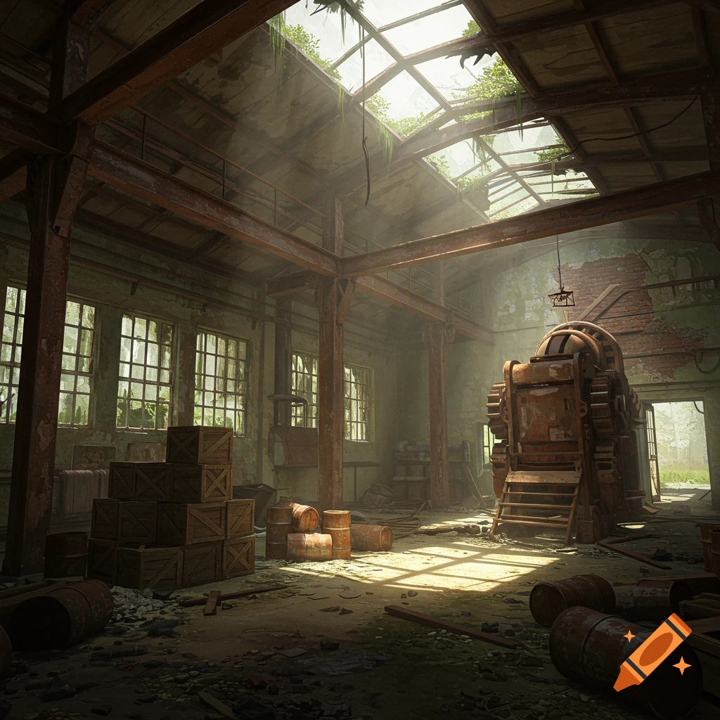 An abandoned factory interior with industrial machinery, wooden crates, metal barrels, and sunbeams.