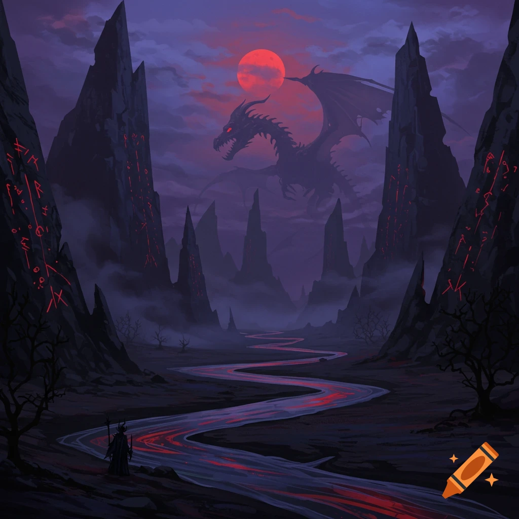 A dark fantasy landscape with a dragon, red moon, mountains with runes, and a red river.