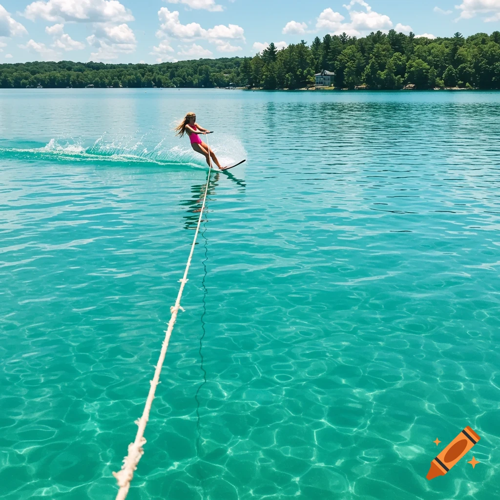 Woman water-skiing on a blue lake under a sunny sky