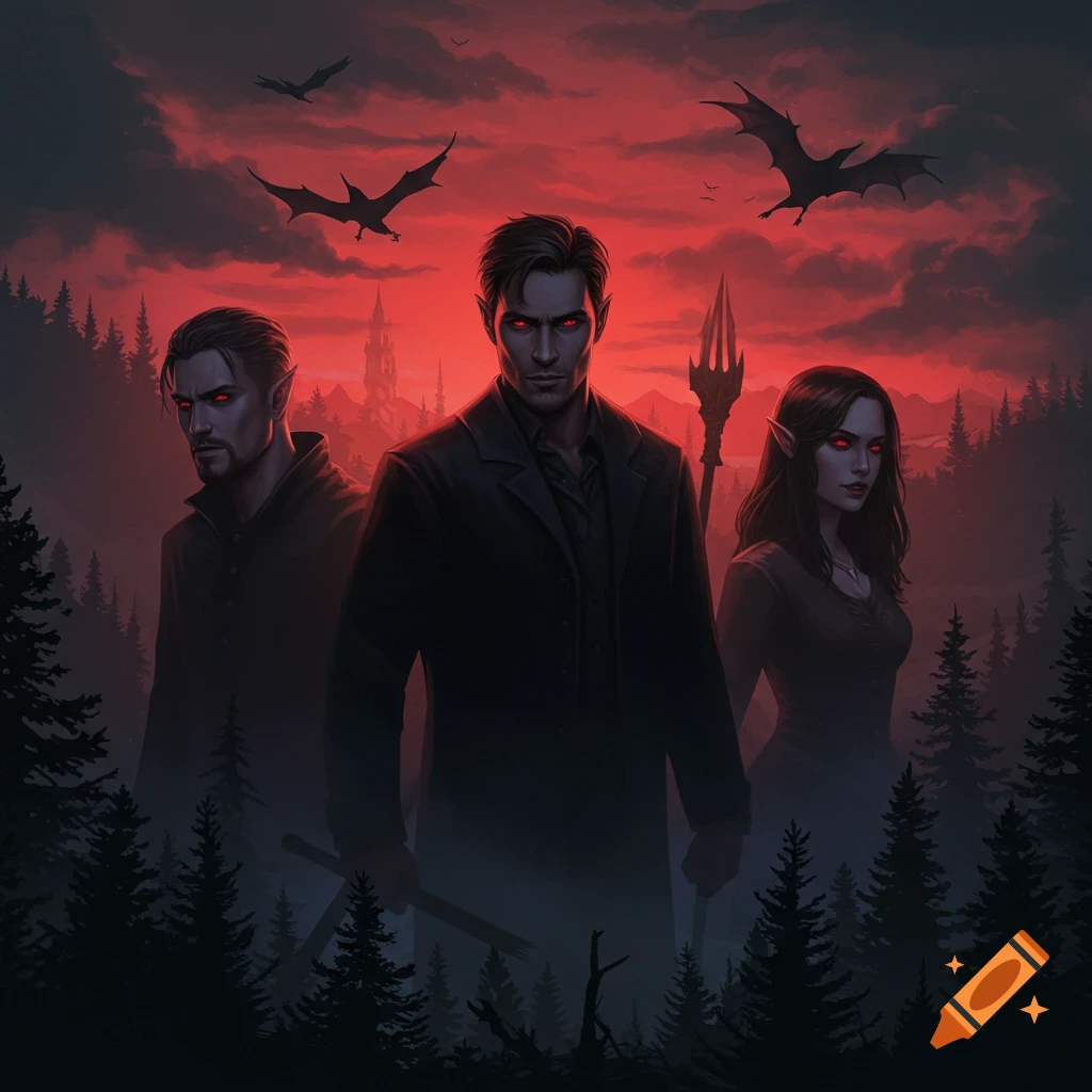 Three figures with red eyes and pointy ears stand in a dark forest under a red sky with bats.