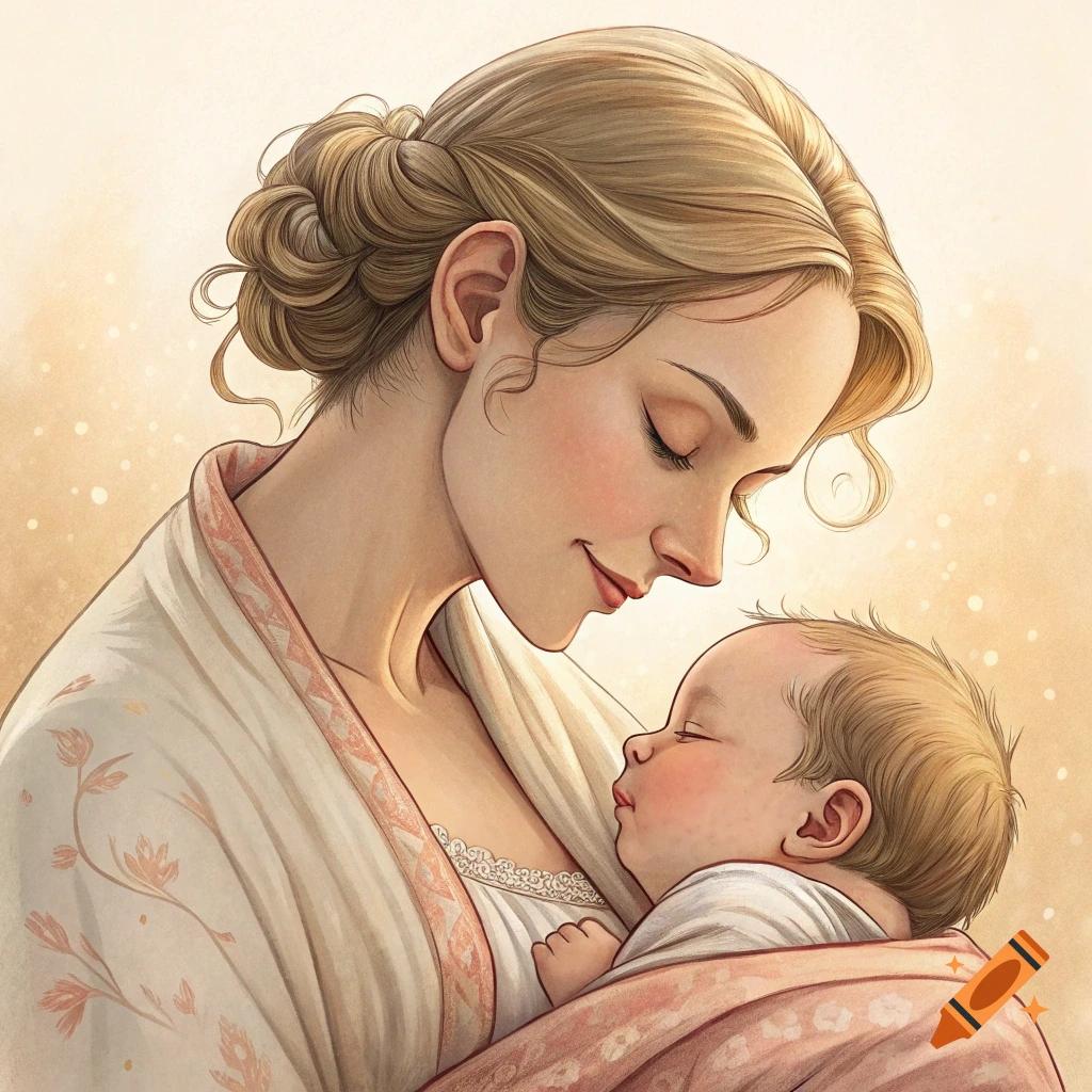 Illustration of a mother holding a sleeping baby.