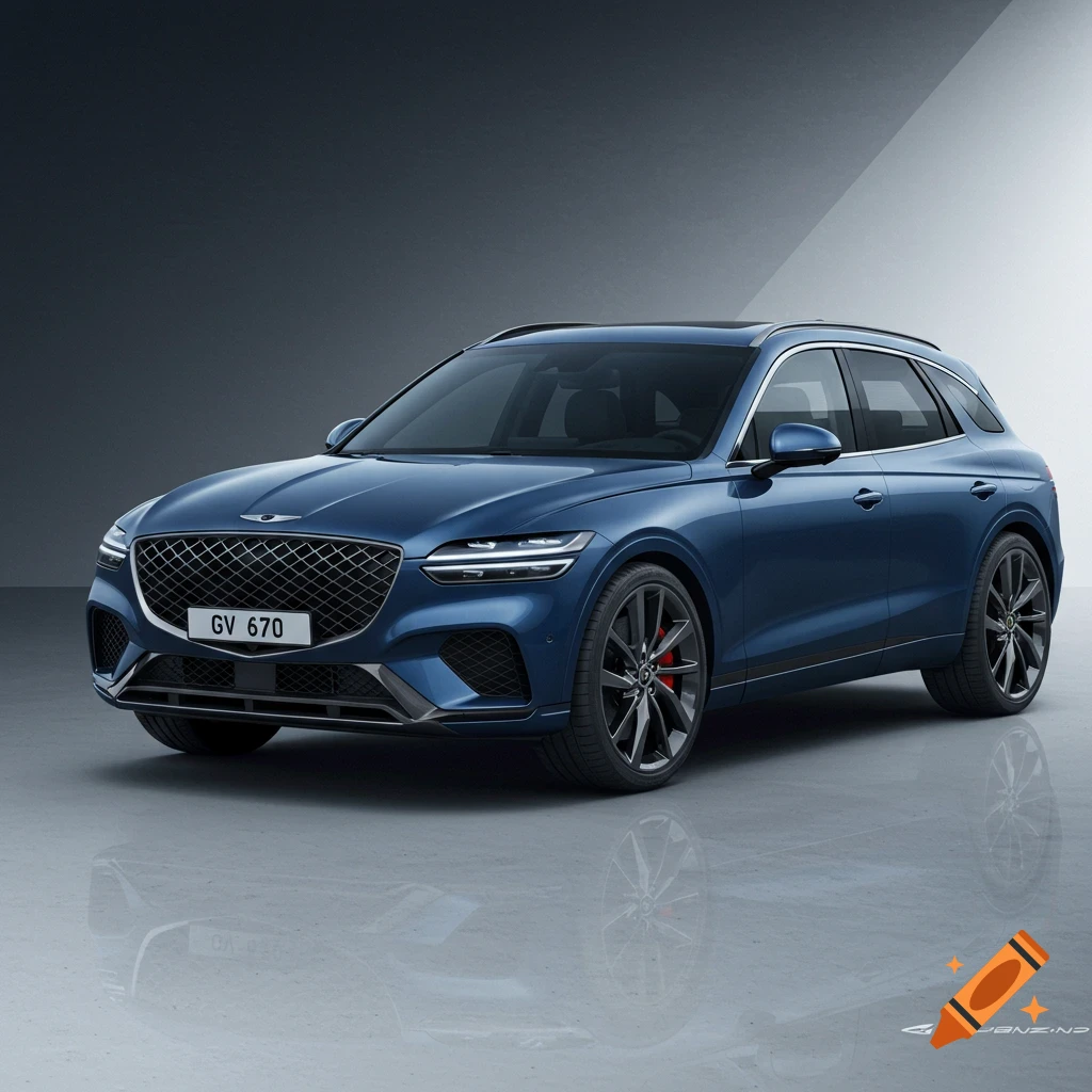 A blue Genesis GV70 SUV is parked in a studio.