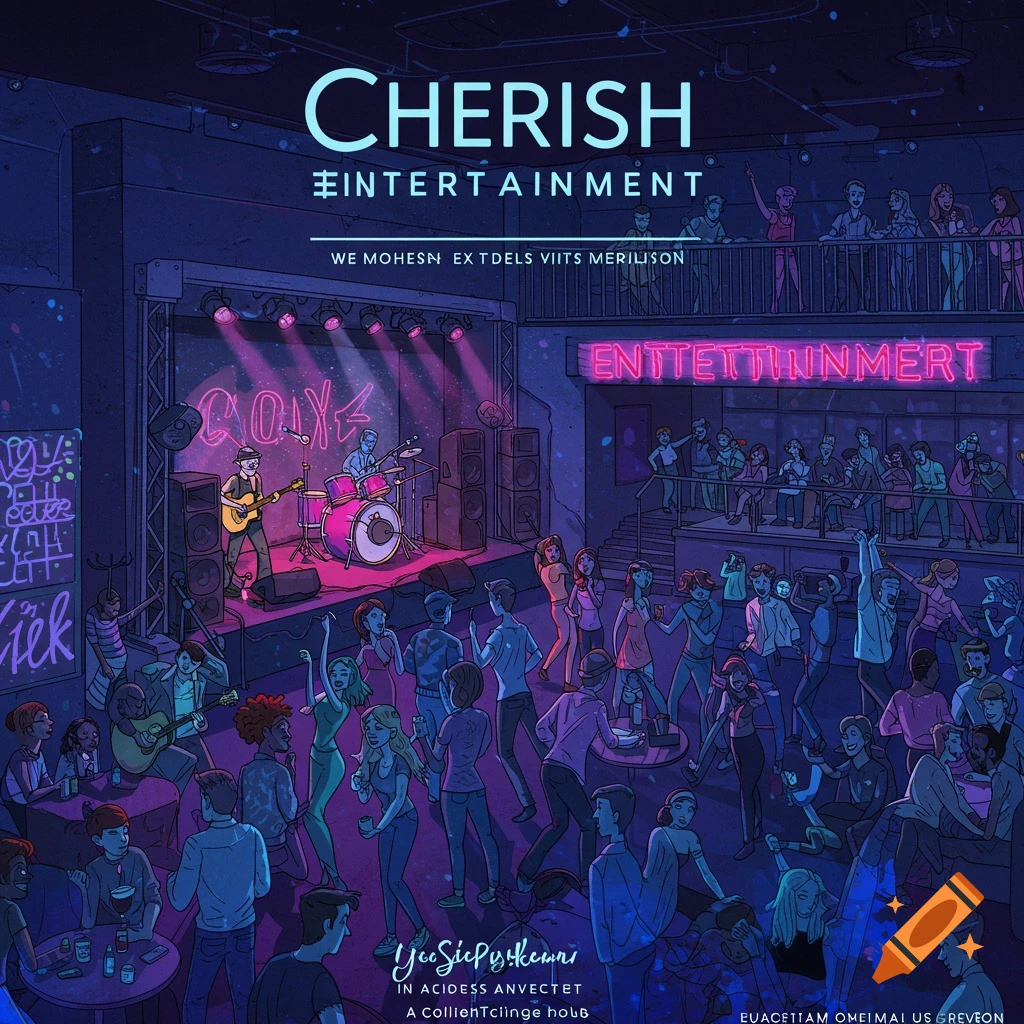 A lively indoor music venue with a band playing on stage and a crowd dancing.