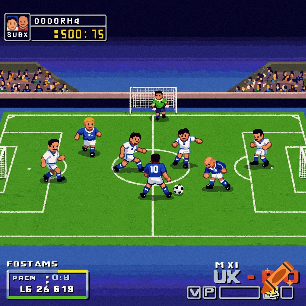 Pixel art view of a soccer game with players on the field, goals, spectators, and UI elements resembling a retro video game.