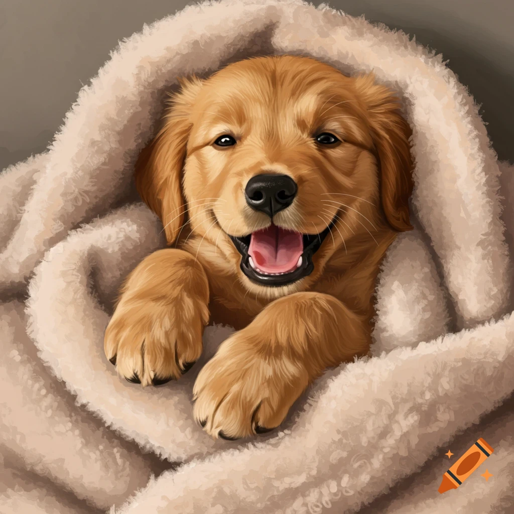 A happy golden retriever puppy wrapped in a fluffy blanket.
