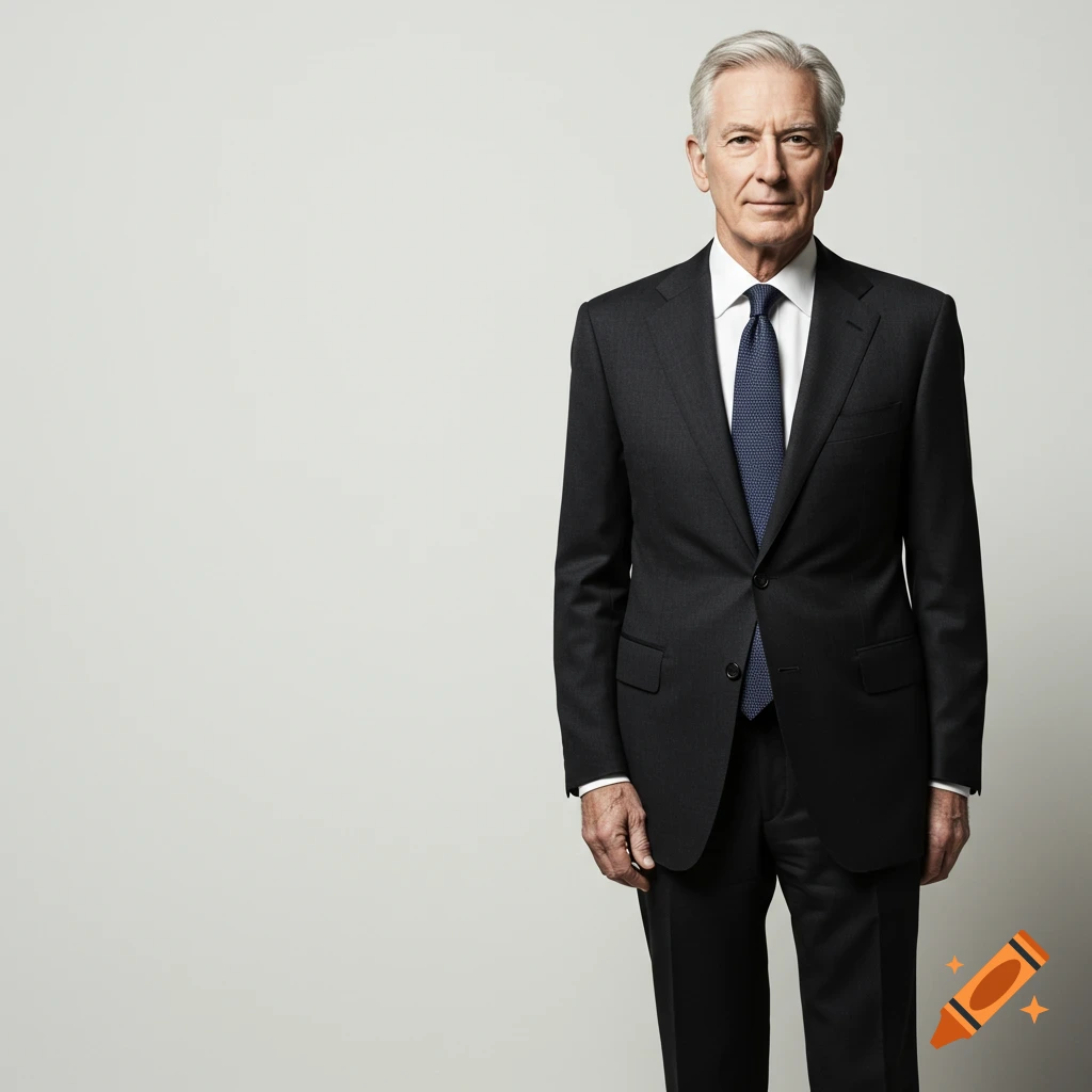 A distinguished man in a suit on a plain background.
